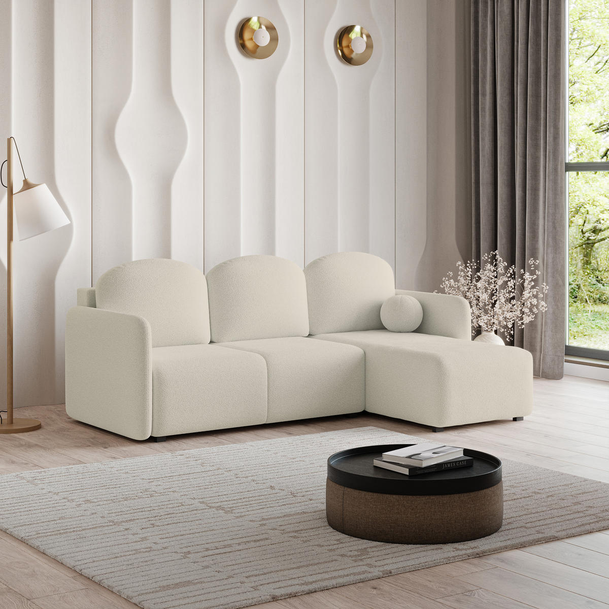 ECKSOFA SUVINO Creme Boucle-Stoff mit Schlaffunktion - Creme, Holz (230/143cm) - MASSENO