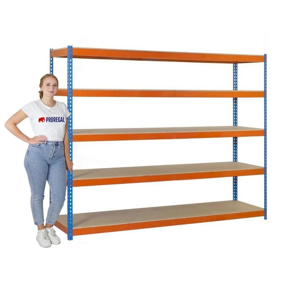 SCHWERLASTREGAL BIG WOOD YETI FIVE | HxBxT 200x180x45cm | Fachlast 400kg | Blau-Orange - Gelb, Metall (180/200/45cm) - PROREGAL