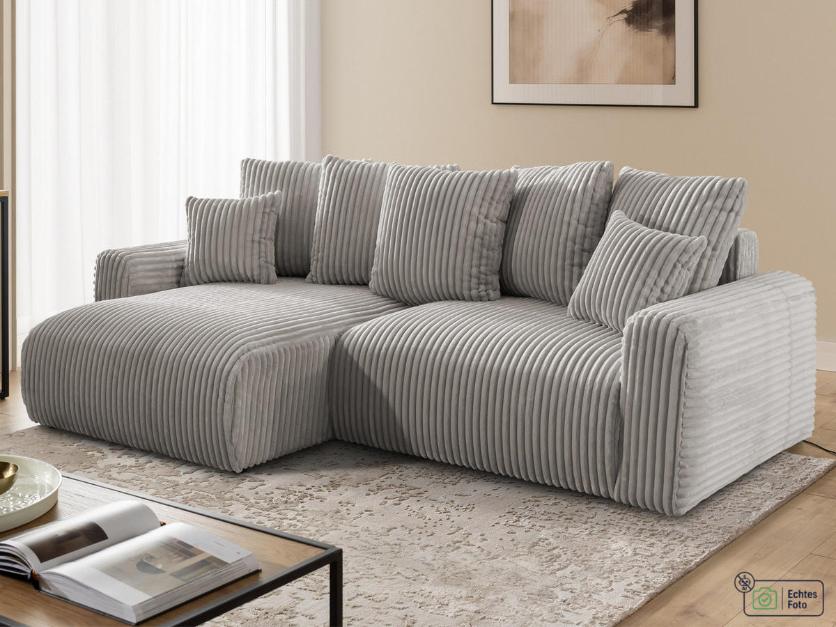 ECKSOFA Calma mit Schlaffunktion und Bettkasten im Bumpy-Design aus weichem Taupe Plüschcord - Ottomane links - Taupe/Schwarz, Holz/Kunststoff (239/140cm) - S-Style
