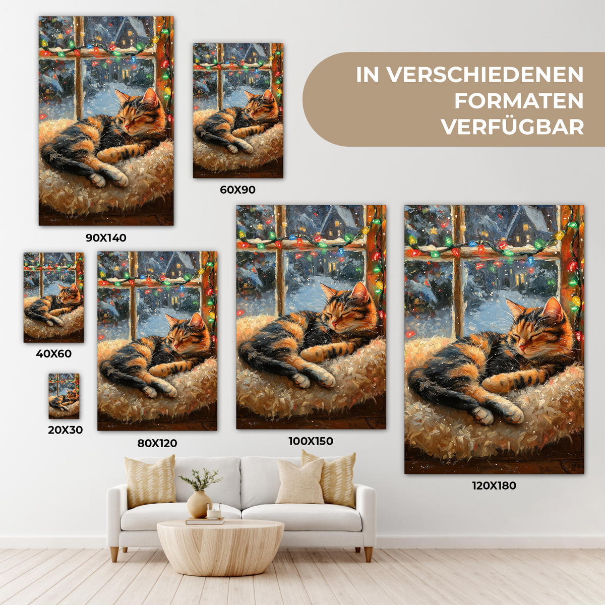 LEINWANDBILD Katze - Weihnachten - Winter - Tier 80x120 cm - Bernsteinfarben, Textil (80/120cm) - MuchoWow
