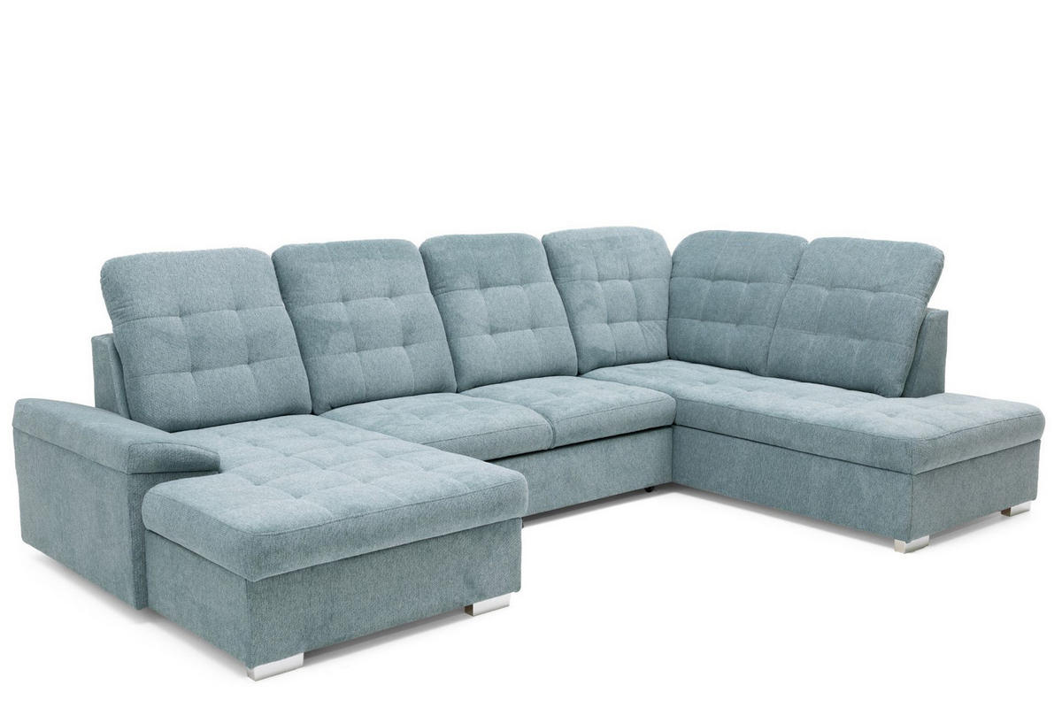 ECKSOFA U-Form OLIVIA U Rechts mit Schlaffunktion 124x257 Velours Blaugrau - Silberfarben/Blaugrau, Holz/Kunststoff (202/103/320cm) - Muffo