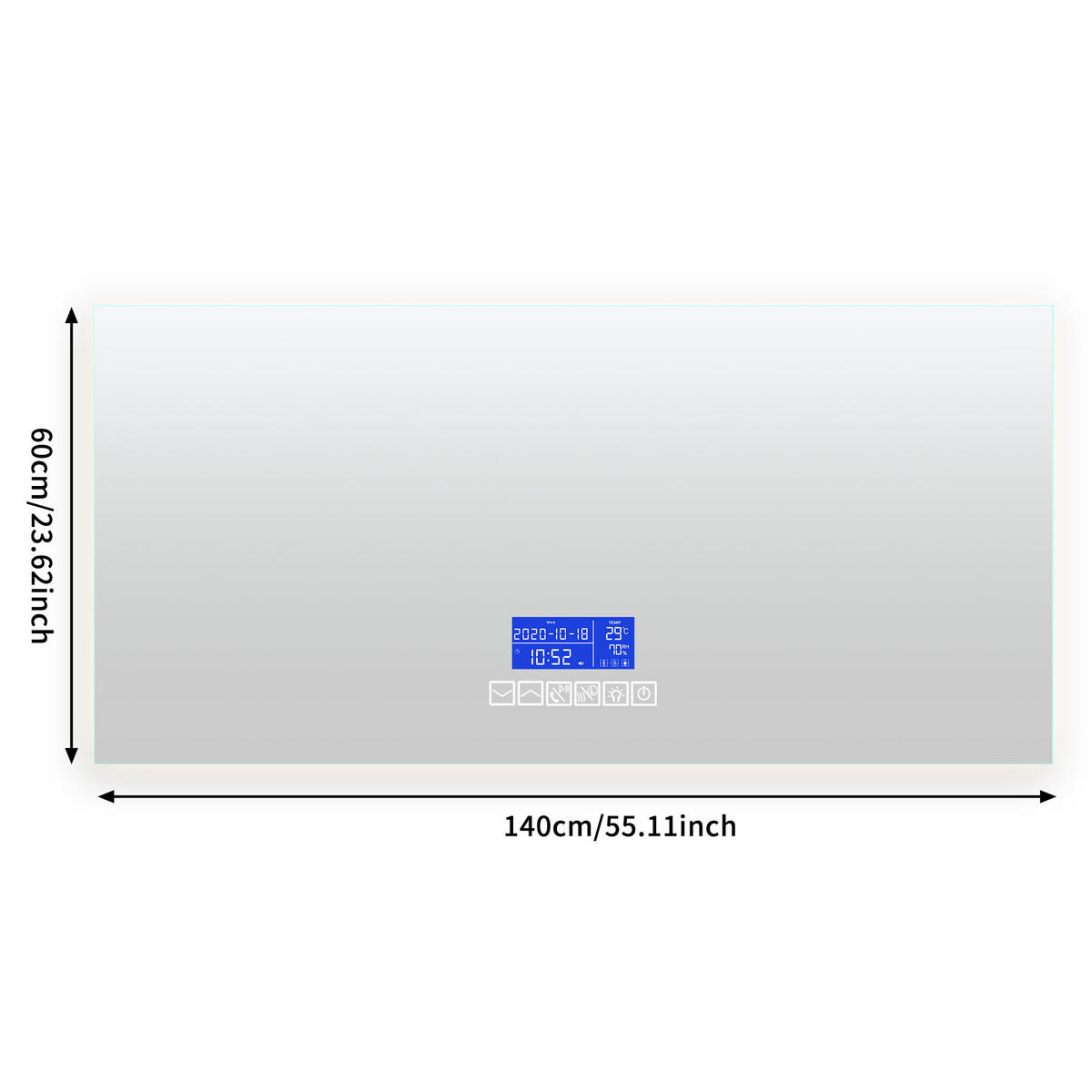 BADEZIMMERSPIEGEL mit LED, Rechteck 60 x 140 cm, Anti-Beschlag, Temperaturanzeige und 3 Anpassbare Helligkeit - Transparent, Glas (140/4/60cm)