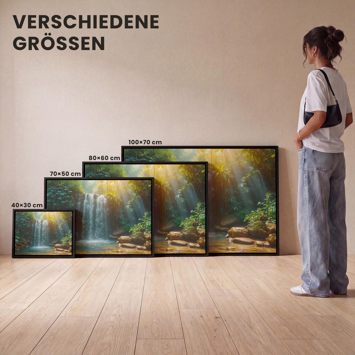 LEINWAND Bilder mit Rahmen - Wasserfall - Dschungel - Sonne - Grün - Natur - 80x60 - Grün, Textil (80/60cm) - MuchoWow