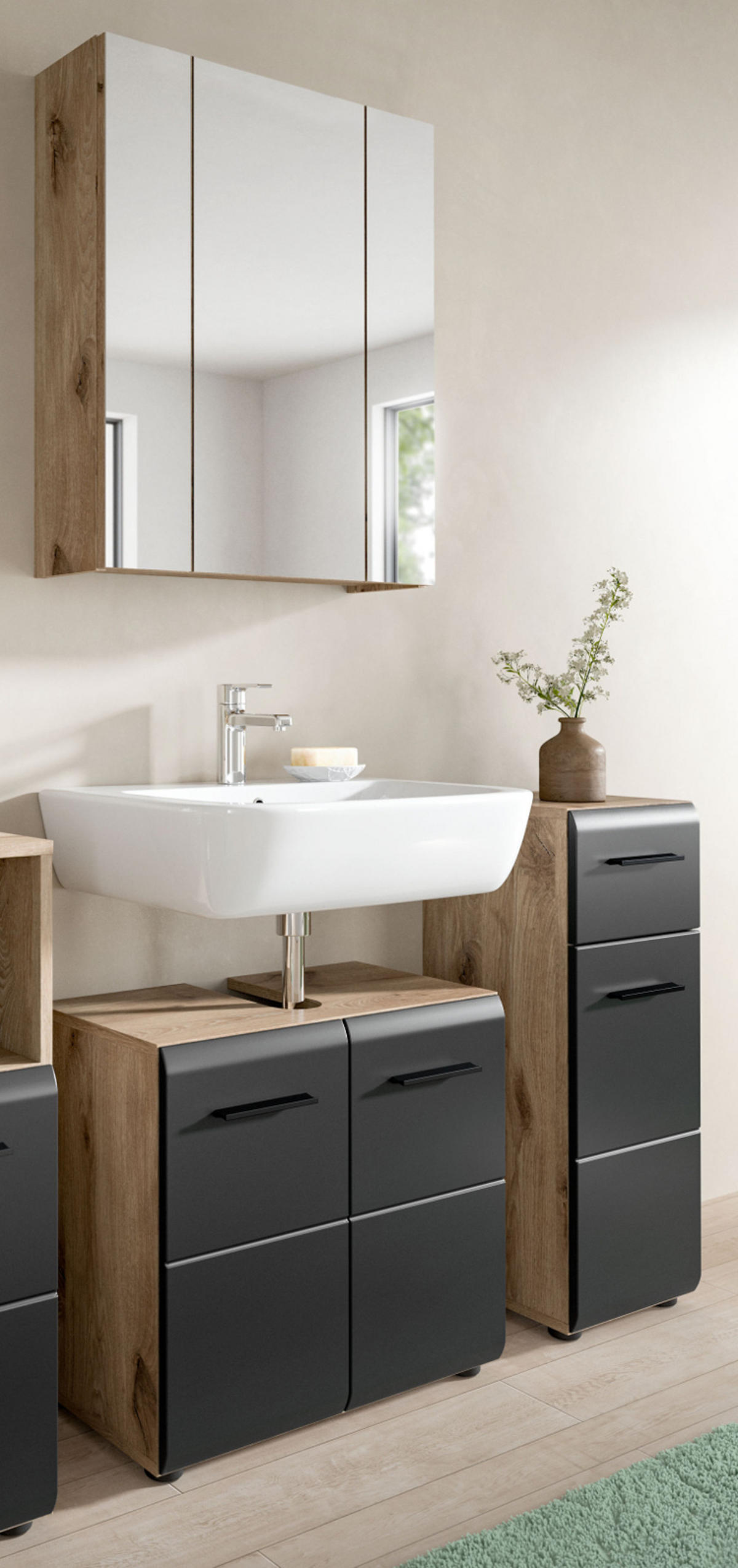 BADMÖBEL Set 3-teilig in schwarz matt und Nox Eiche Badkombination 105 x 185 cm Cover - Eichefarben/Schwarz, Glas/Holzwerkstoff (105/185/30cm) - Inn.Furn