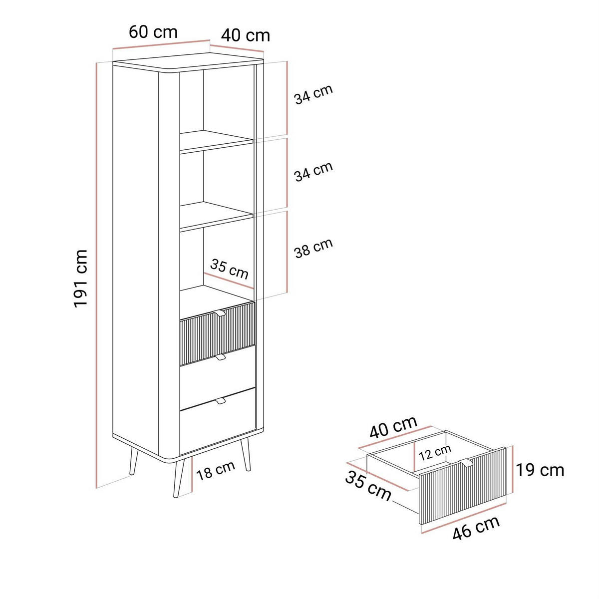 REGAL schmal AUTUMN 1D3S mit Schubladen, Kaschmir / Grauer Stein - Beige/Grau, Holzwerkstoff (60/191/40cm) - Lookway