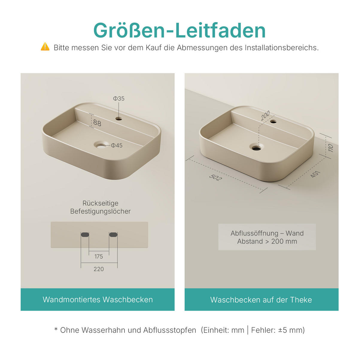 WASCHBECKEN Rechteck Abgerundete Ecken R Mattbeige 40/50/11 cm - Beige, Keramik (40/11/50cm) - EMKE