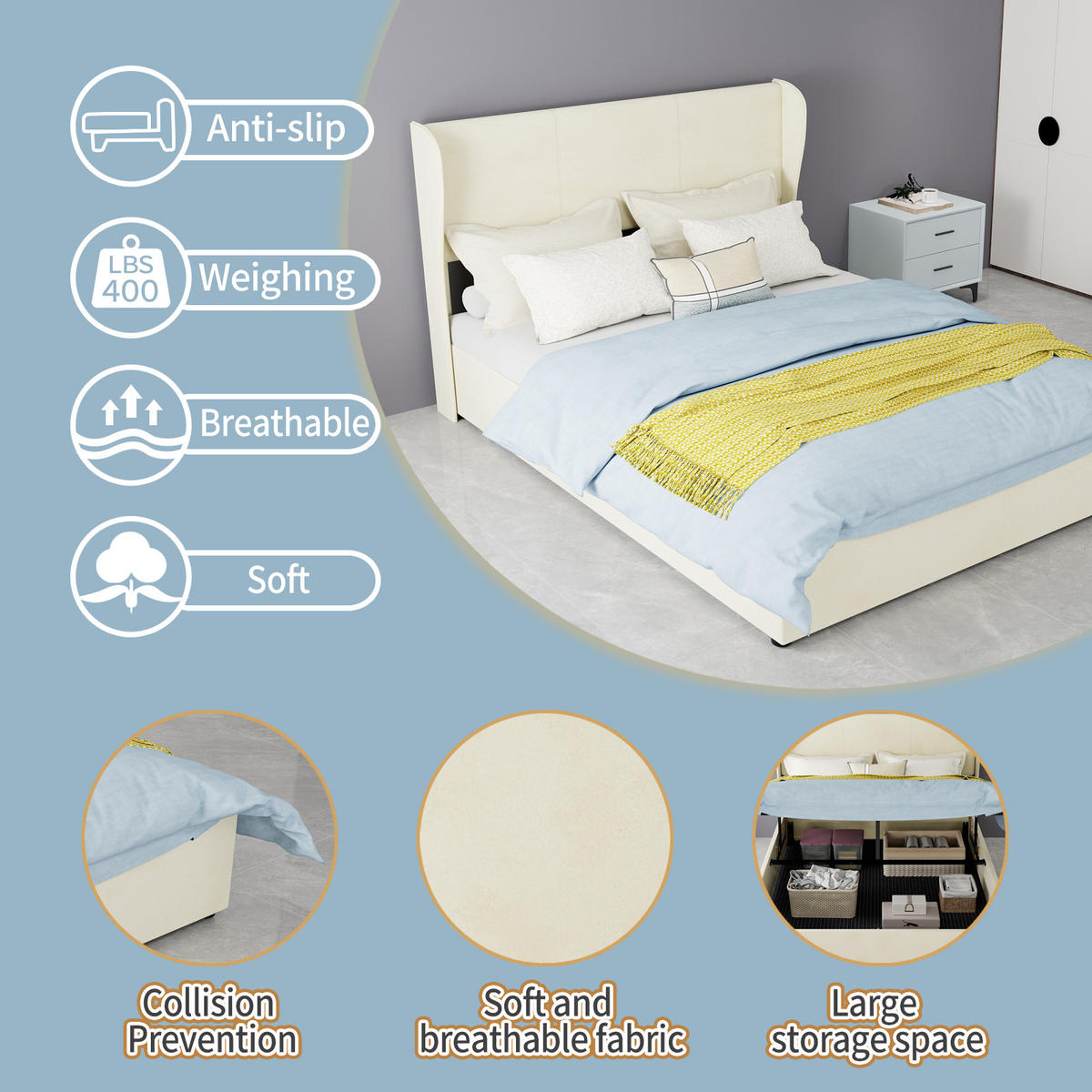 POLSTERBETT 140/200 cm in Beige mit Gepolstertem Kopfteil Stoff Modernes Design - Beige, Holzwerkstoff/Textil (140/200cm) - STILVORA