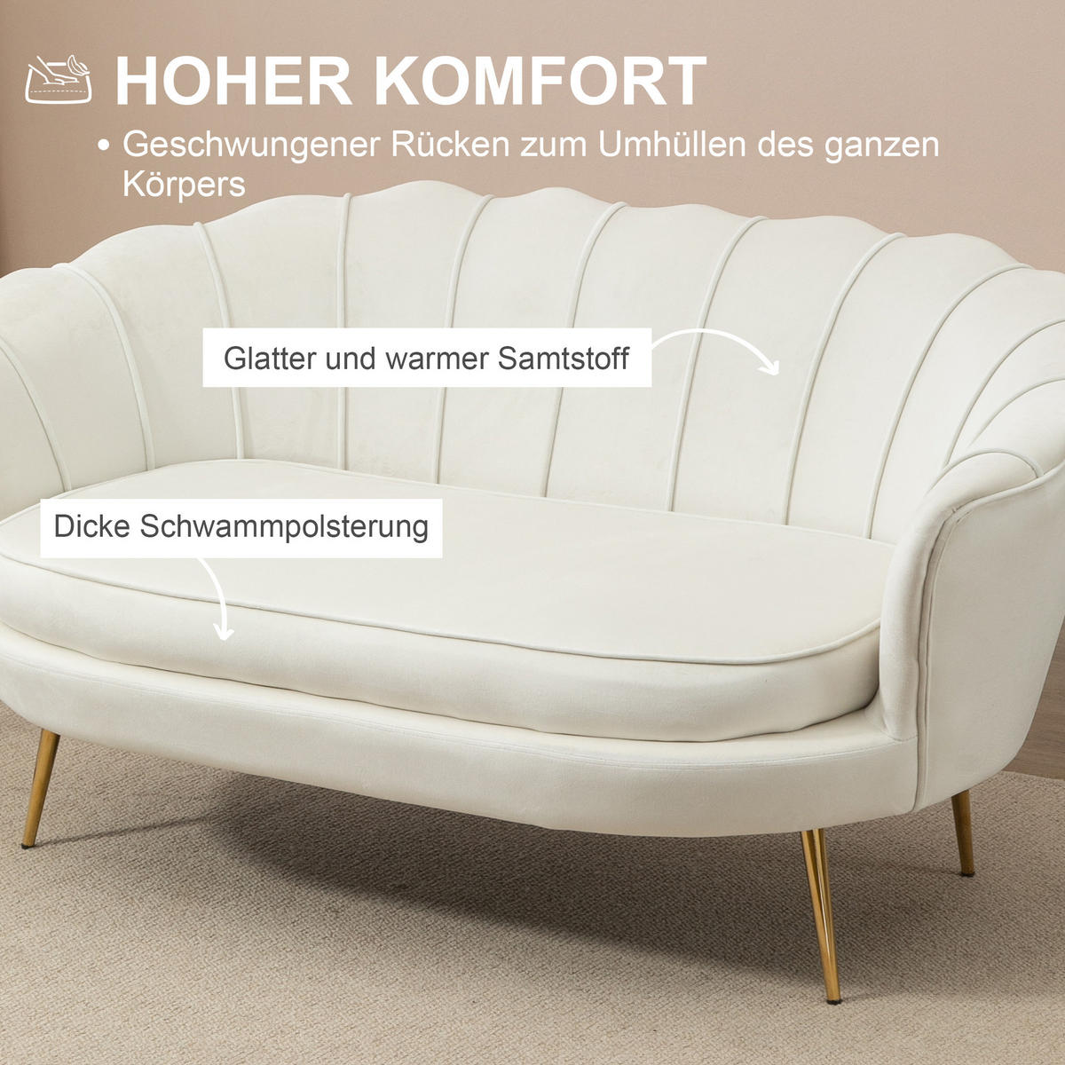 2 Sitzer Sofa, Couch, gepolsterter Polstersofa mit Armlehne, Samtopik Creme - Goldfarben/Creme, Textil/Metall (77/77/130cm) - HOMCOM