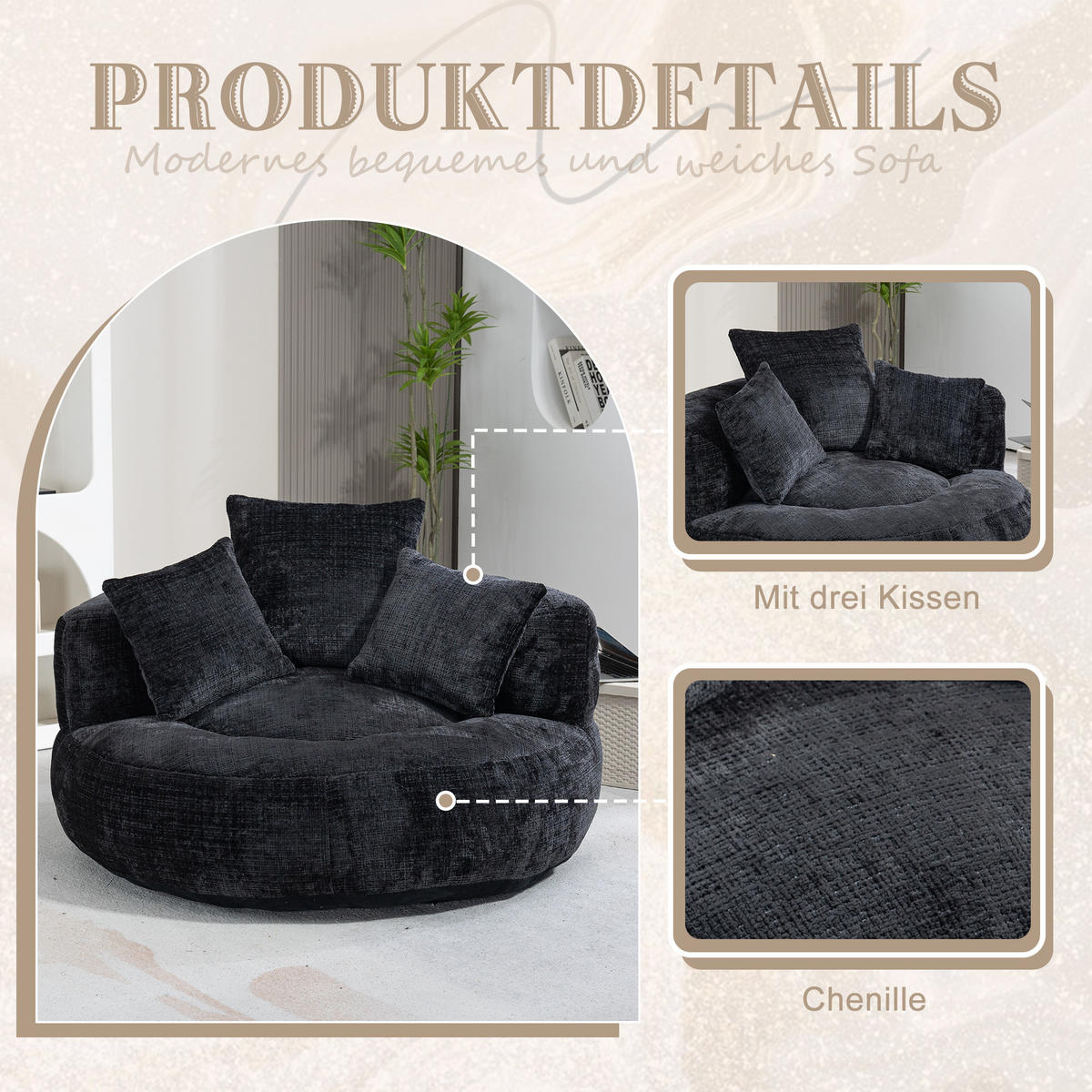KŘESLO žinylkové podlahové křeslo, kulaté, s polštářem - černá, textil (108/52/108cm) - Urban Meuble