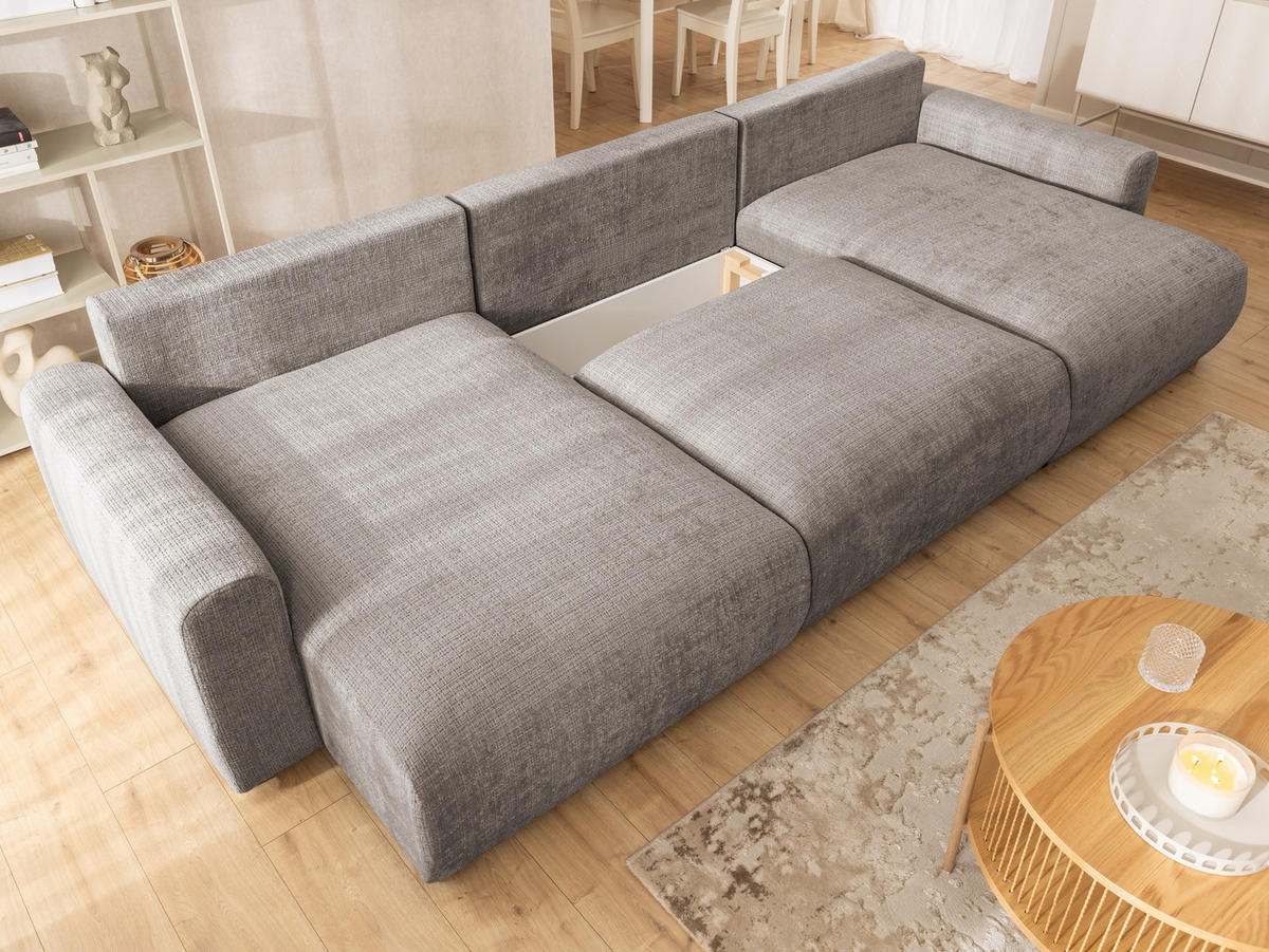 WOHNLANDSCHAFT Calma mit Schlaffunktion und Bettkasten im Bumpy-Design aus weichem Taupe Chenille-Stoff - Taupe/Schwarz, Holz/Kunststoff (336/88/140cm) - S-Style Möbel