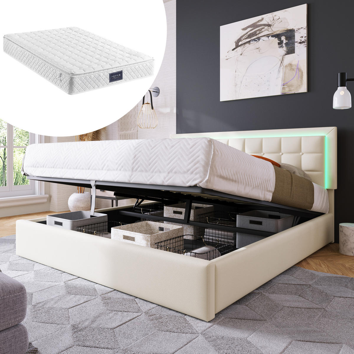 POLSTERBETT 140/200 cm mit Matratze LED-Beleuchtung, Bettkasten und Taschenfederkernmatratze, Weiß - Weiß, Kunststoff - Redom