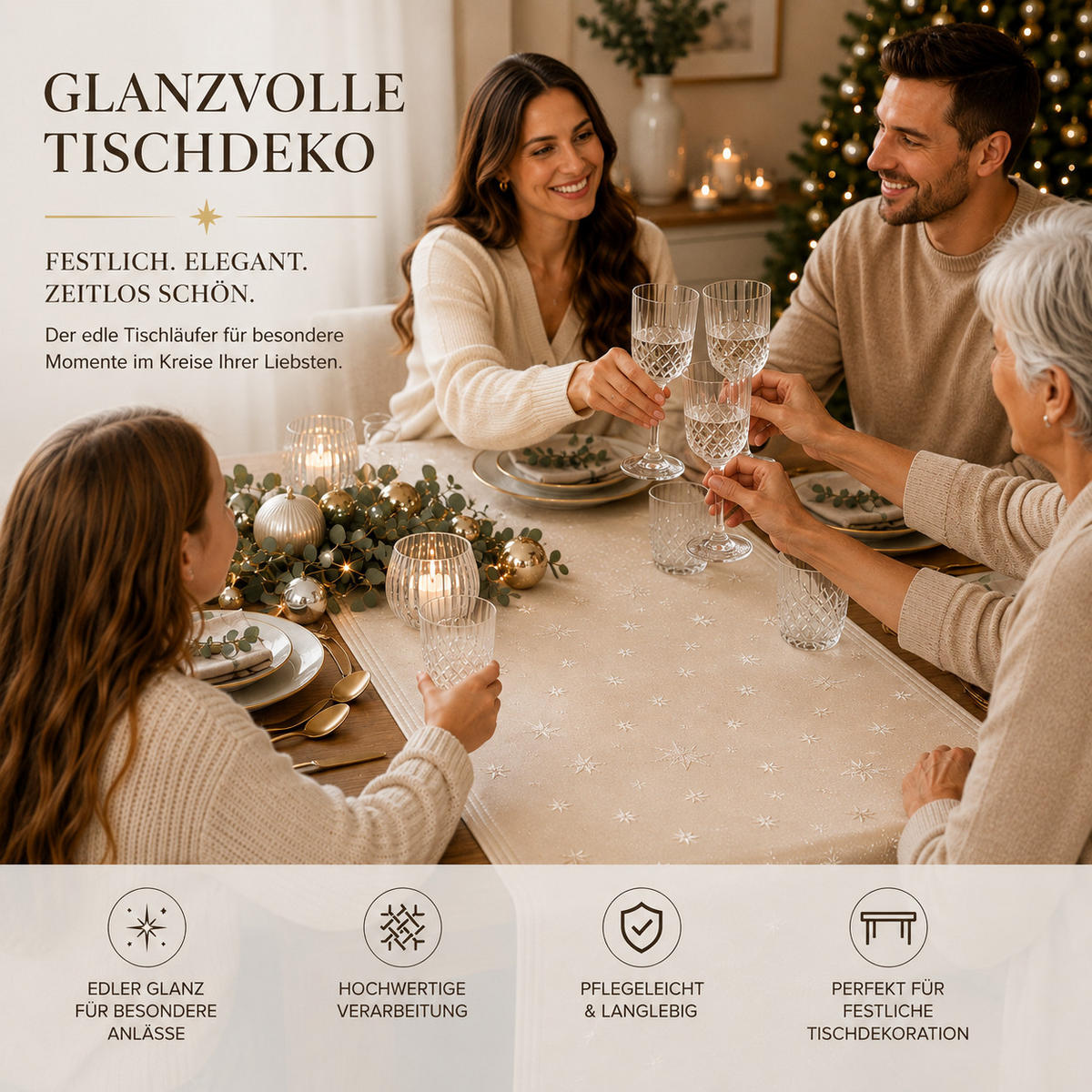TISCHLÄUFER 40/140 cm Lurex Sterne Creme - Creme, Textil (40/140cm) - TiborTex