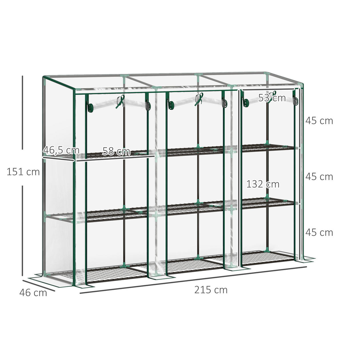 GEWÄCHSHAUS DE-11996 mit 3 Türen & 3 Etagen Transparent - Transparent, Metall (46/151/215cm) - ComfortXL