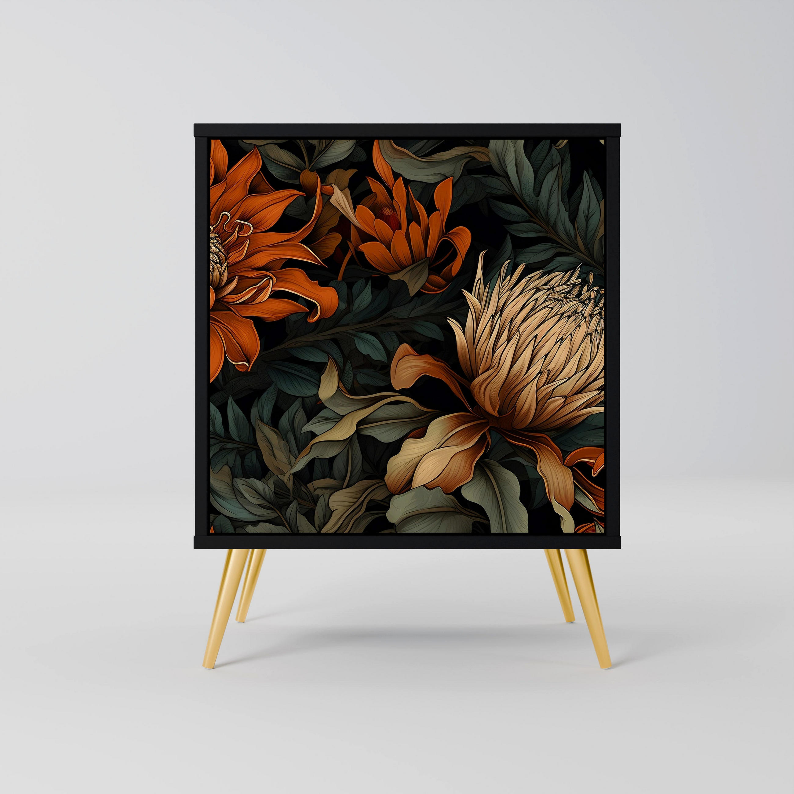 SIDEBOARD DAWN BLOOM, Schwarz, 57,5x42x75,5 cm, Goldfarbene Metallfüße - Goldfarben/Multicolor, Holzwerkstoff/Metall (57.5/75.5/42cm) - SpaceRebels