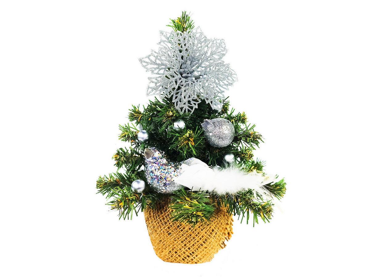 LAALU WEIHNACHTSBAUM geschmückt künstlich mit 16 Ornamenten TINY 3 im Topf 25 cm - Silberfarben/Grün, Kunststoff (25cm) - LAALU