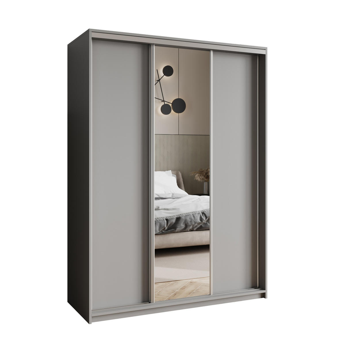 SCHWEBETÜRENSCHRANK TAVI 150/205/60 cm 3-türig mit Spiegel Graphitfarben - Graphitfarben, Holzwerkstoff (150/205/60cm) - MASSENO