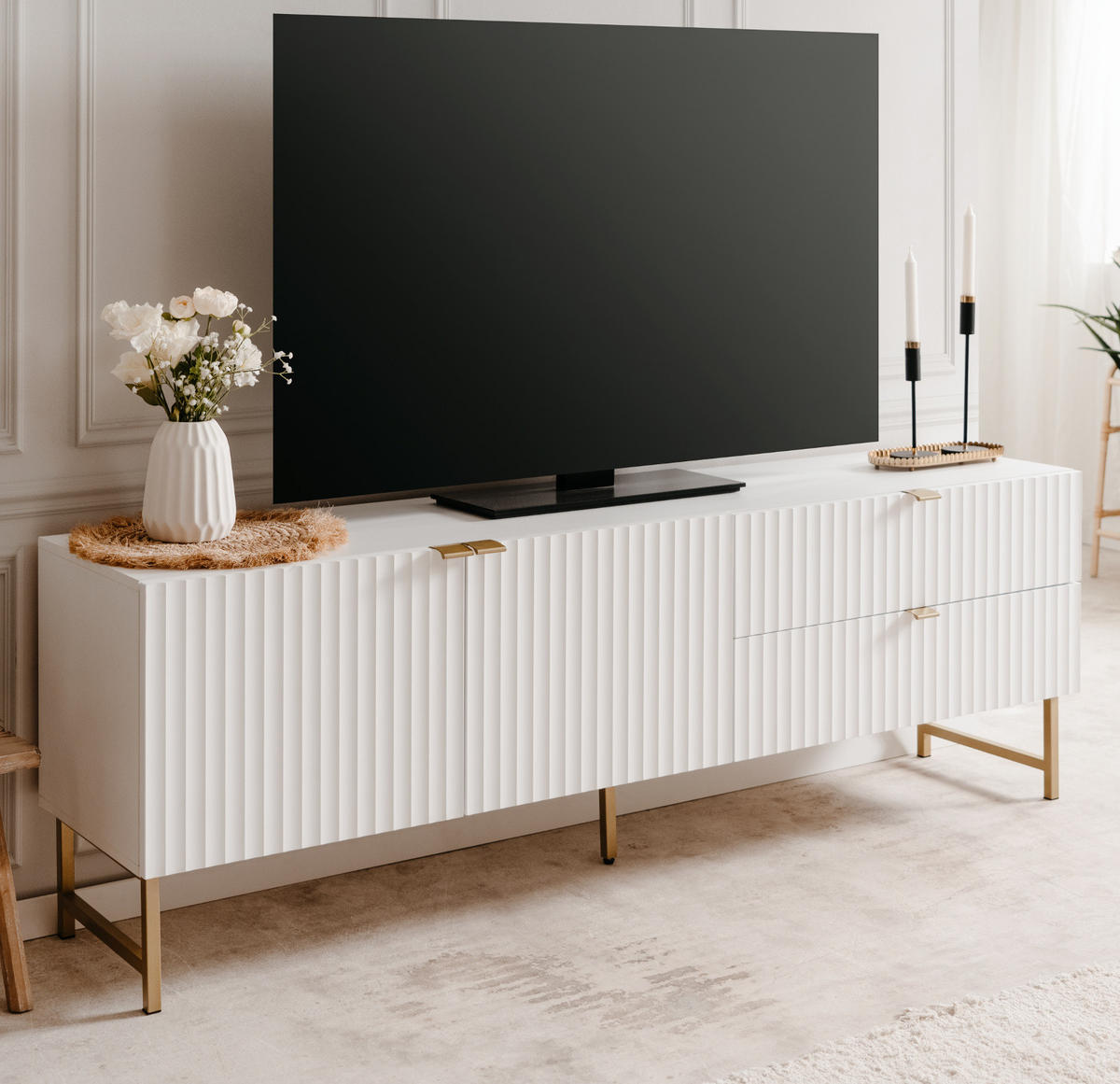 TV-LOWBOARD weiß, Gold 179 cm, TV Unterteil mit Soft-Close und 3D Struktur - Goldfarben/Weiß, Holzwerkstoff/Metall (179/60.5/41cm) - Furn.Design