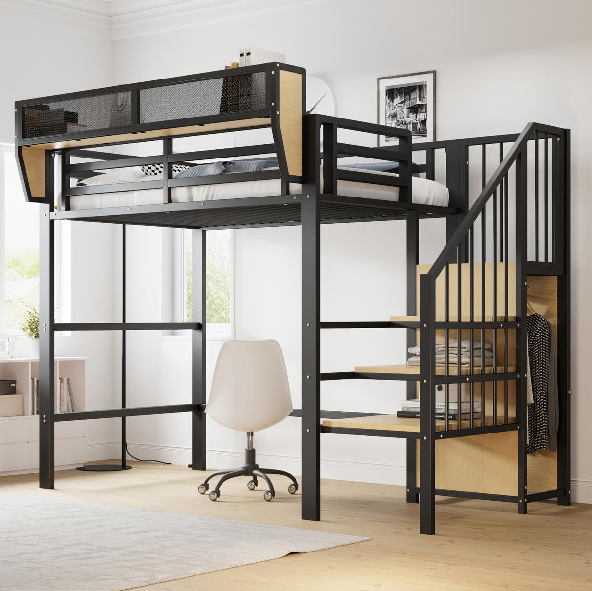 HOCHBETT 90/200 cm mit Sicherheitsleiter und flexiblem Regal, platzsparendes Metallbett, Schwarz - Schwarz, Metall (90/200cm) - Redom