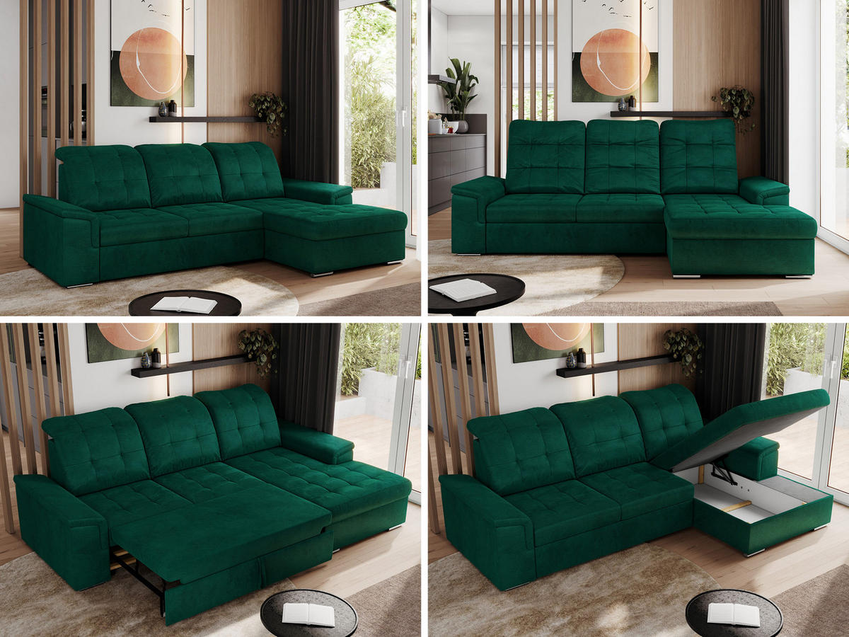 ECKSOFA MADRITO L - Dunkelgrün Velorus - Rechts - Dunkelgrün/Silberfarben, Textil/Metall (256/160cm)