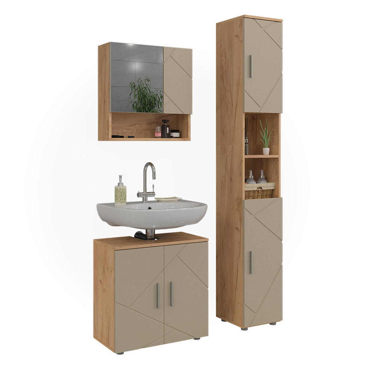 BADMÖBEL-SET Irma Beige 3 Teile - Honigeiche/Beige, Holzwerkstoff (60/59/30cm) - Vicco