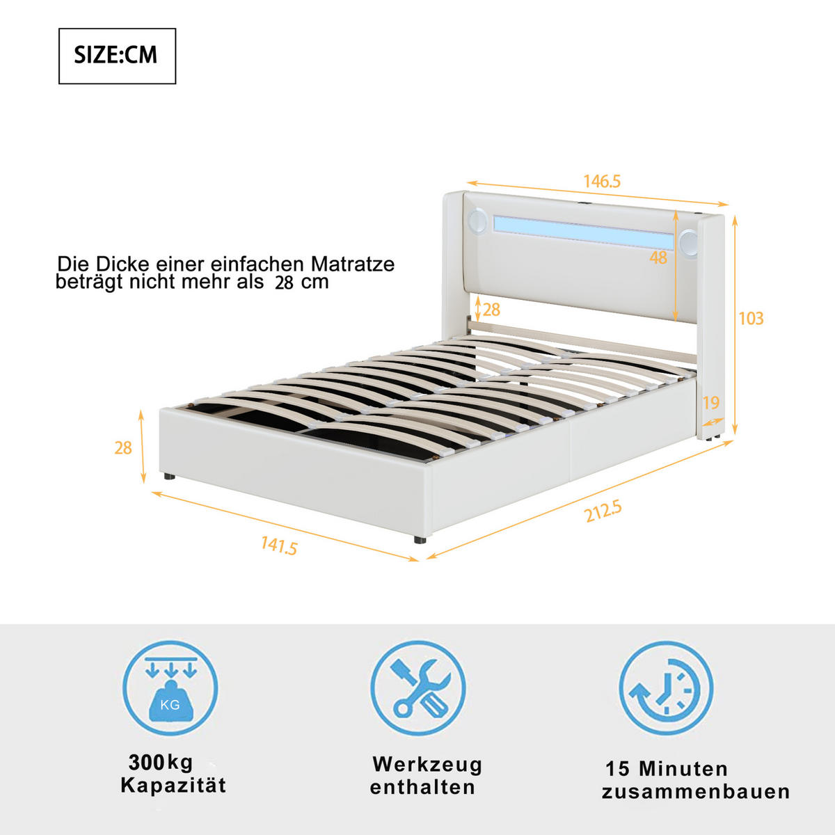 ČALÚNENÁ posteľ z PU kože 140x200 cm biela s LED osvetlením, Bluetooth a USB, úložným priestorom - biela, plast (140/200cm) - Modfu