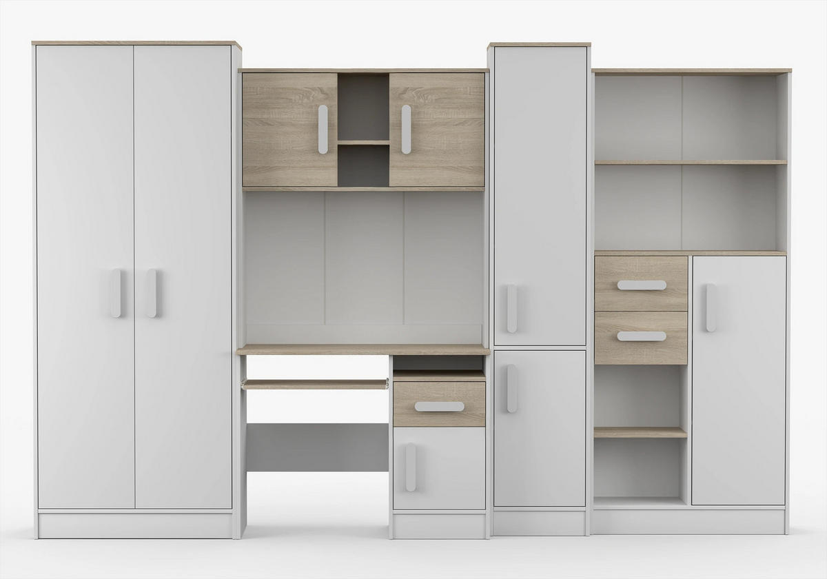 JUGENDZIMMER Wohnwand Colorino in Weiß und Eiche Sonoma – mit weißen Griffen 5 teilig - Kinderzimmer Komplett - Weiß, Holzwerkstoff (80/200/120cm)
