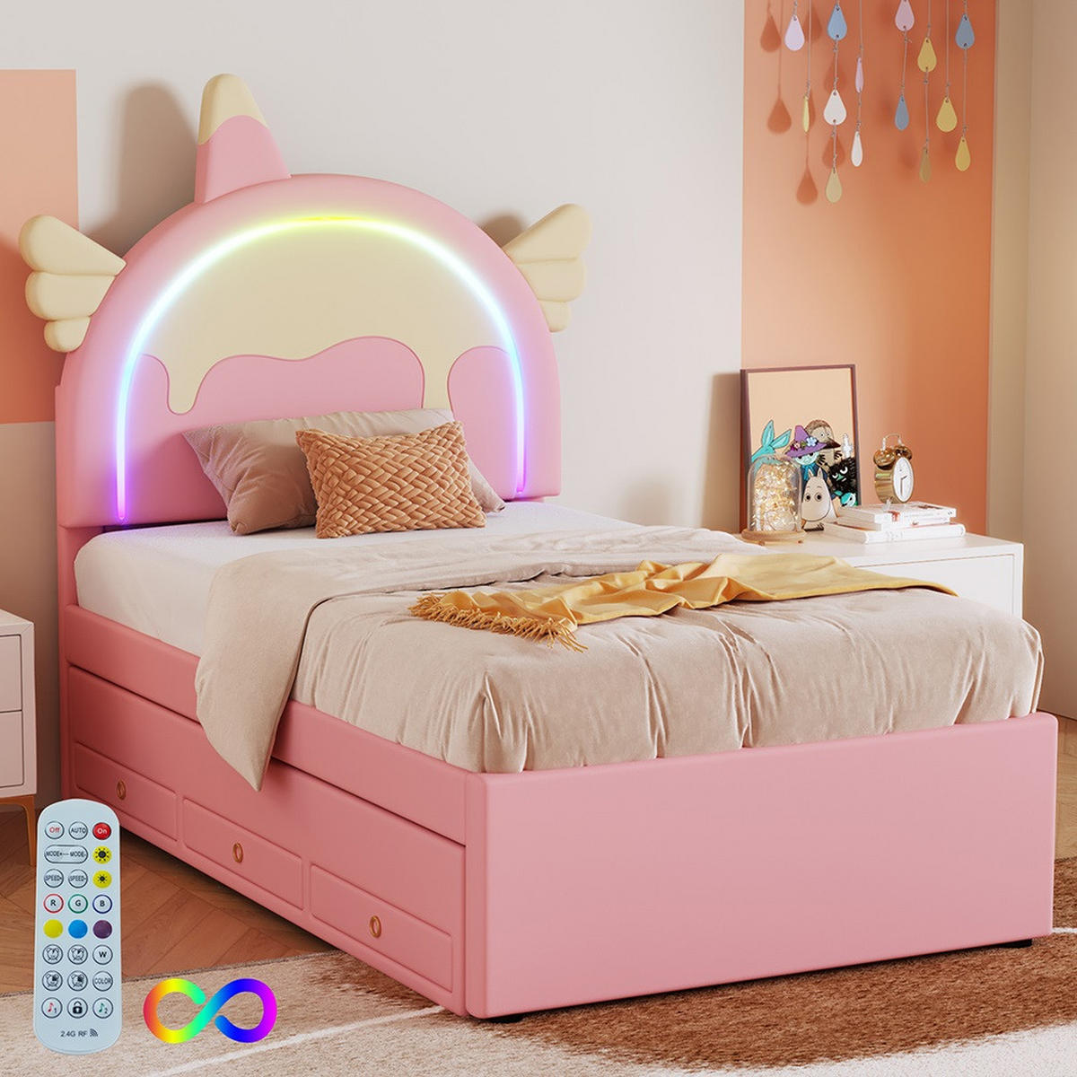 KINDERBETT 90/200 cm in PU Rosa mit Einhornform - Pink, Holz/Textil (90/200cm) - KOMHTOM