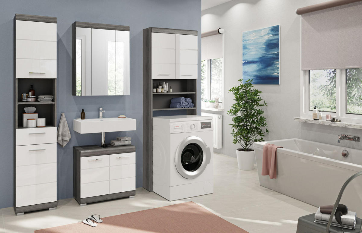 BADKOMBINATION 4tlg. Scout Bad in Rauchsilber Nachbildung und weiß hochglanz B/H/T: 190x191x34 cm - Anthrazit, Holz (190/191/34cm)