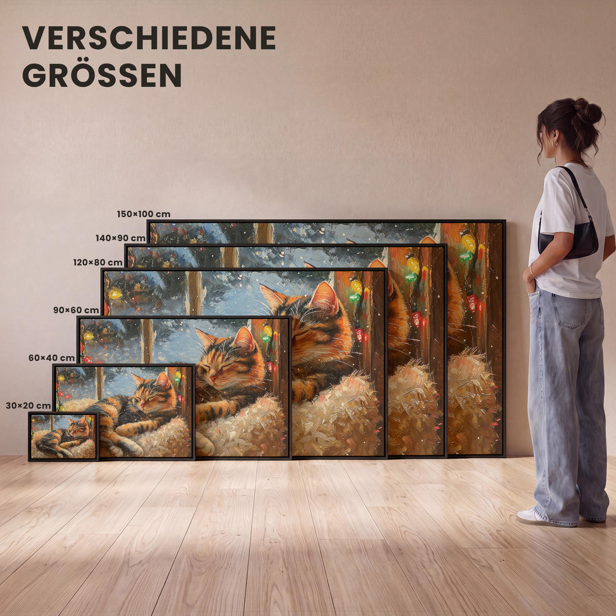 LEINWAND Bilder mit Rahmen - Katze - Weihnachten - Winter - Tier - 90x60 - Bernsteinfarben, Textil (90/60cm) - MuchoWow
