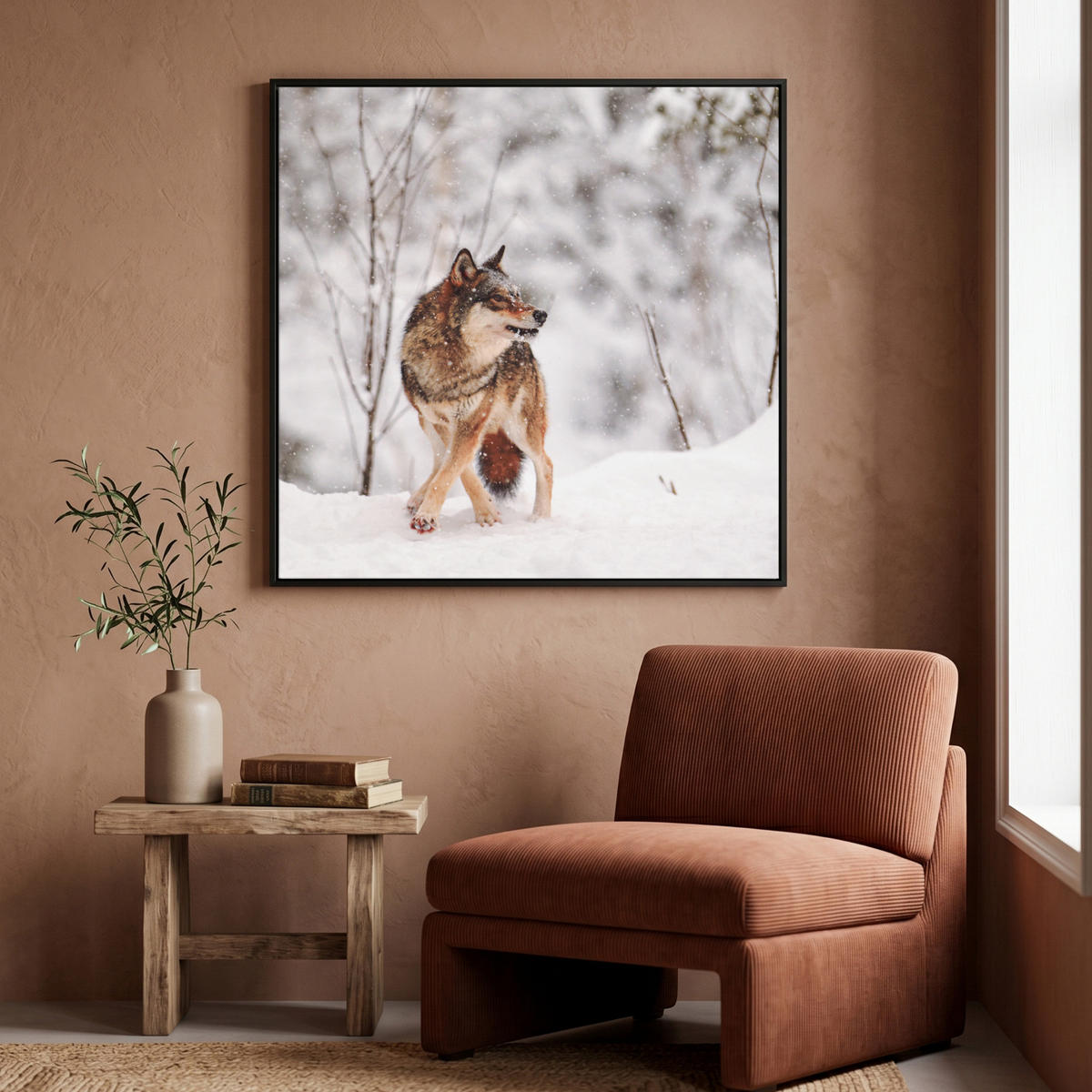 LEINWAND Bilder mit Rahmen - Wolf - Winter - Schnee - Natur - Tiere - 90x90 - Haselnussfarben, Textil (90/90cm) - MuchoWow