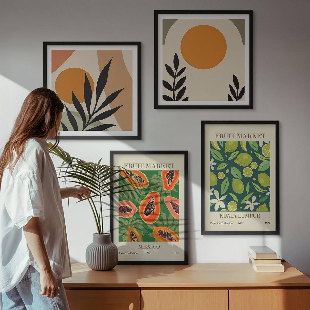 WANDBILDER 4er-Set - 50x50 cm & 40x60 cm Schwarzer Rahmen - Boho-Papaya-Fruchtmuster - Schwarz, Kunststoff (50/50cm) - ArtPrintCave