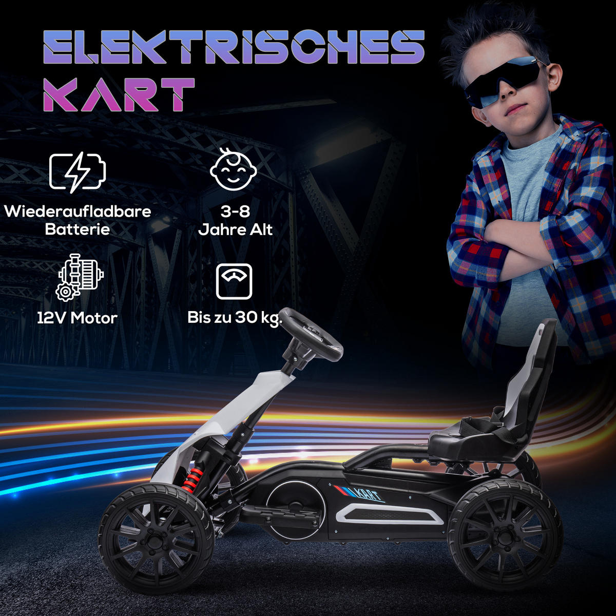KINDER Elektro Gokart 12 V 3-5km/h Go Kart mit 2-Fach verstellbarem Modus - Weiß, Kunststoff (100/58/58.5cm) - HOMCOM