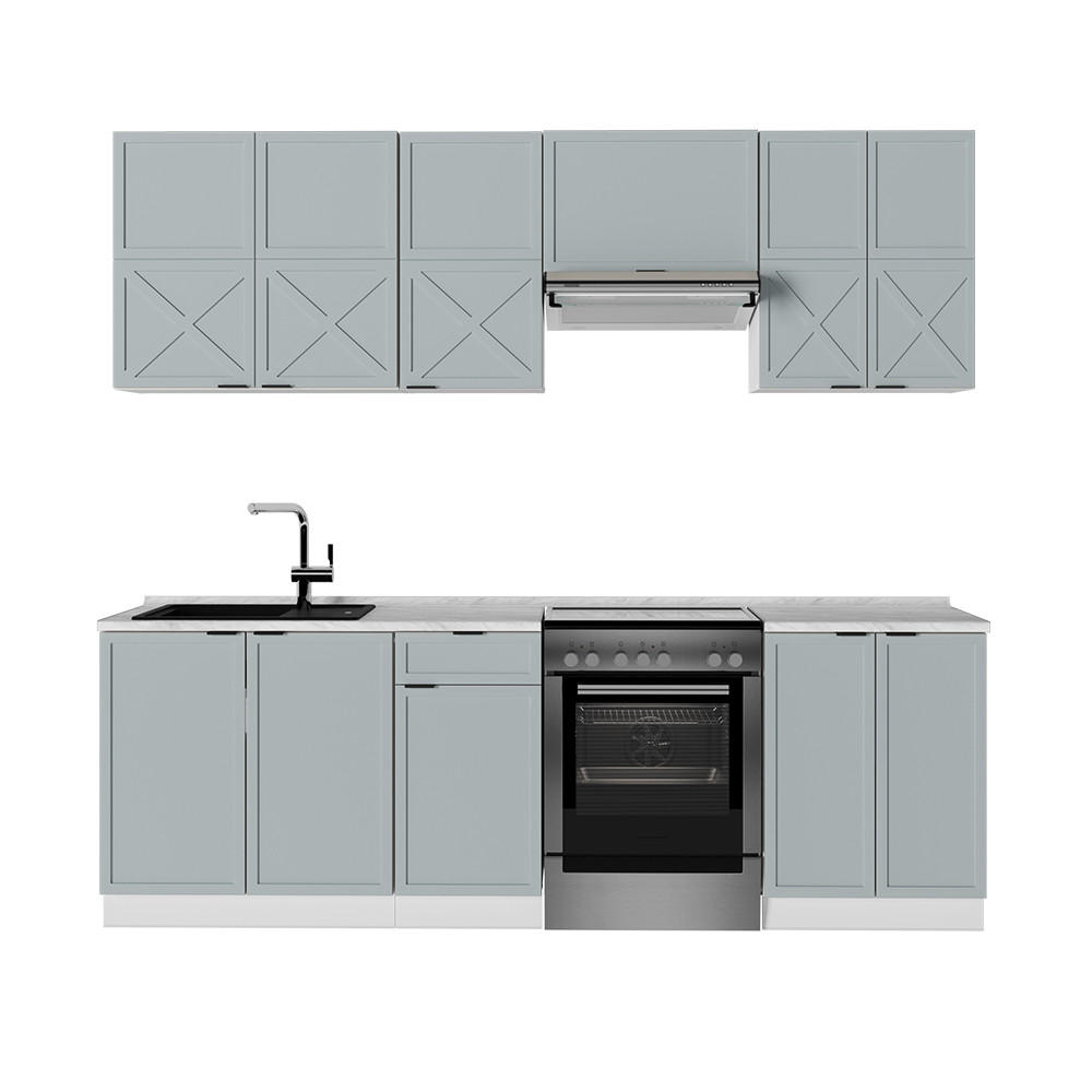 KÜCHENZEILE Fame-Line Hellblau-grau/Weiß 240 cm, AP Marmor - Blaugrau/Weiß, Holzwerkstoff (240/81.6/60cm) - Vicco