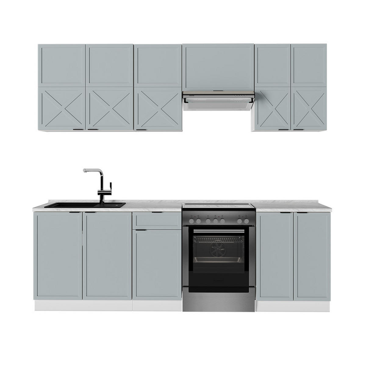 KÜCHENZEILE Fame-Line Hellblau-grau/Weiß 240 cm, AP Marmor - Blaugrau/Weiß, Holzwerkstoff (240/81.6/60cm) - Vicco
