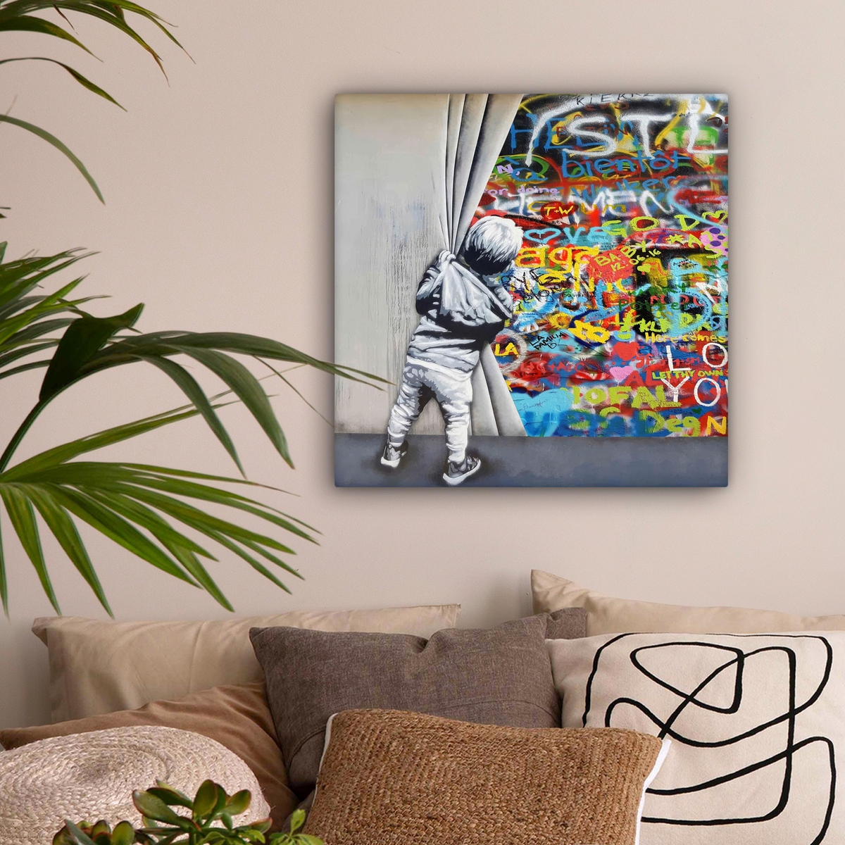 LEINWANDBILD Graffiti - Junge - Ilussie - Straßenkunst Wandbild Wohnzimmer 50x50 cm - Hellgrau, Textil (50/50cm) - MuchoWow