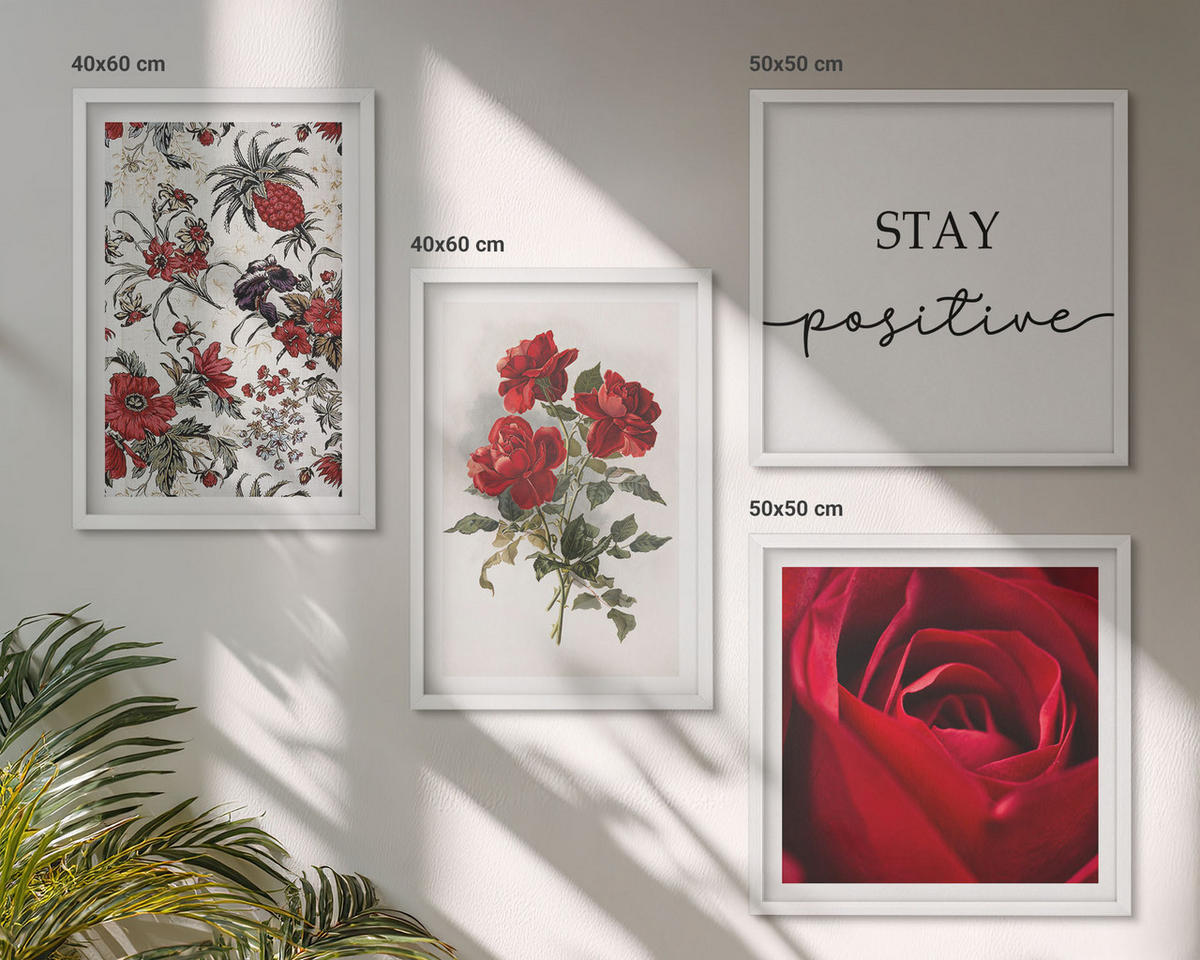 BILDER SET 4er Set - 50x50 cm & 40x60 cm Weißer Rahmen - Inschrift mit roten Rosen - Weiß, Kunststoff (50/50cm) - TULUP