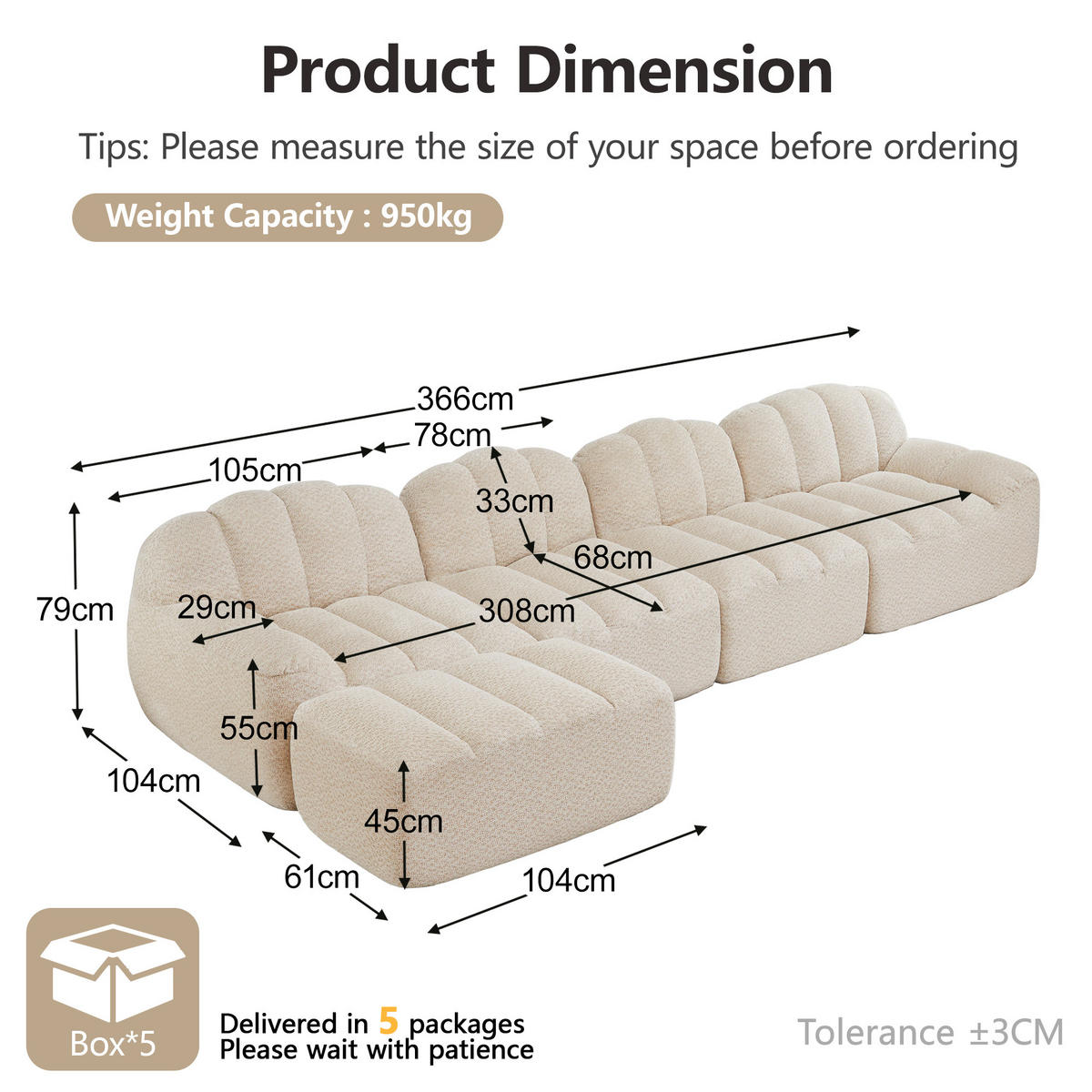 4-SITZER ECKSOFA Granulierter Fleece Beige & Weiß mit Ottomane - Beige, Textil (366/165cm) - WISHDOR