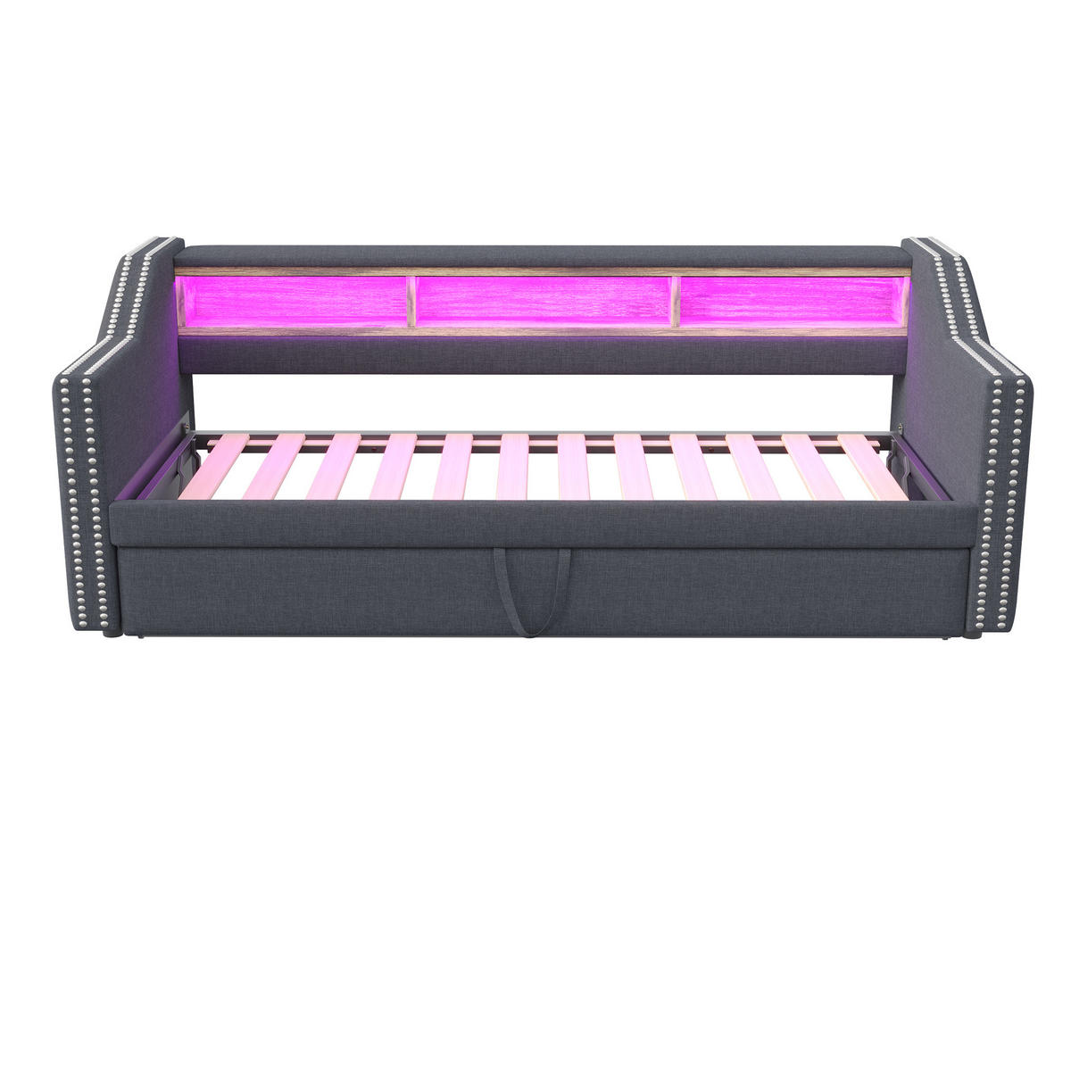 AUSZIEHBETT 90/180/190 cm DE-01942, in Dunkelgrau, mit LED, USB und Staufach - Dunkelgrau, Holzwerkstoff/Metall (90/190cm) - ComfortXL
