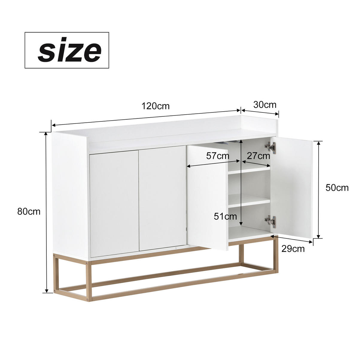 SIDEBOARD im modernen Stil für das Esszimmer, mit 4 Türen und verstellbaren Einlegeböden, weiß, mit Metallbeinen - Weiß, Holz/Holzwerkstoff (30/80/120cm) - WoodenAura