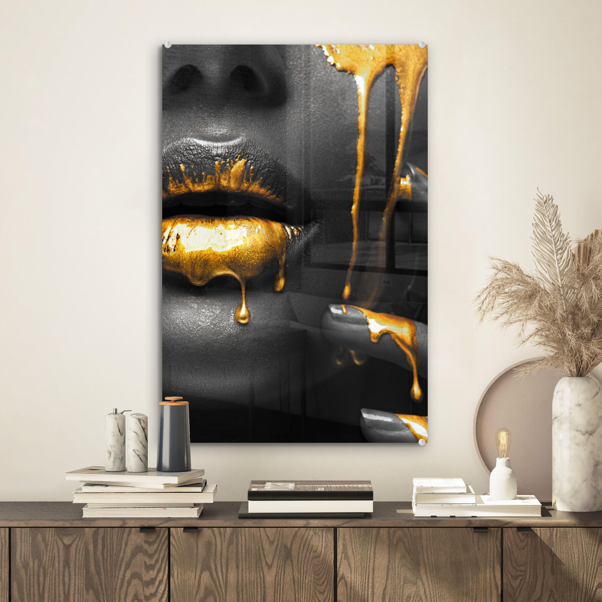 ACRYLGLASBILD Frau - Schwarz - Gold - Gesicht - Lippen 40x60 cm - Goldfarben, Glas (40/60cm) - MuchoWow