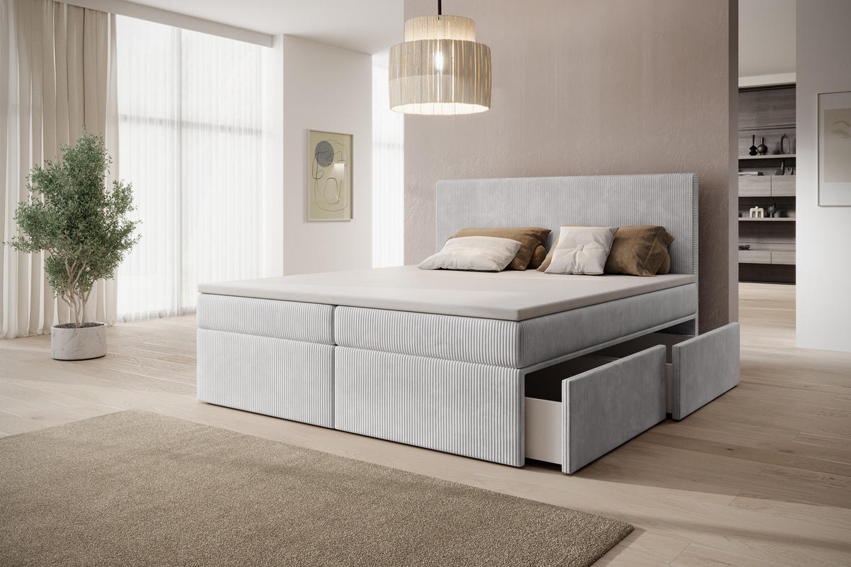 BOXSPRINGBETT Siena mit Schubladen und Topper, POSO-Cordstoff, 180x200 cm, Grau - Grau, Holz - PROMETO Möbel