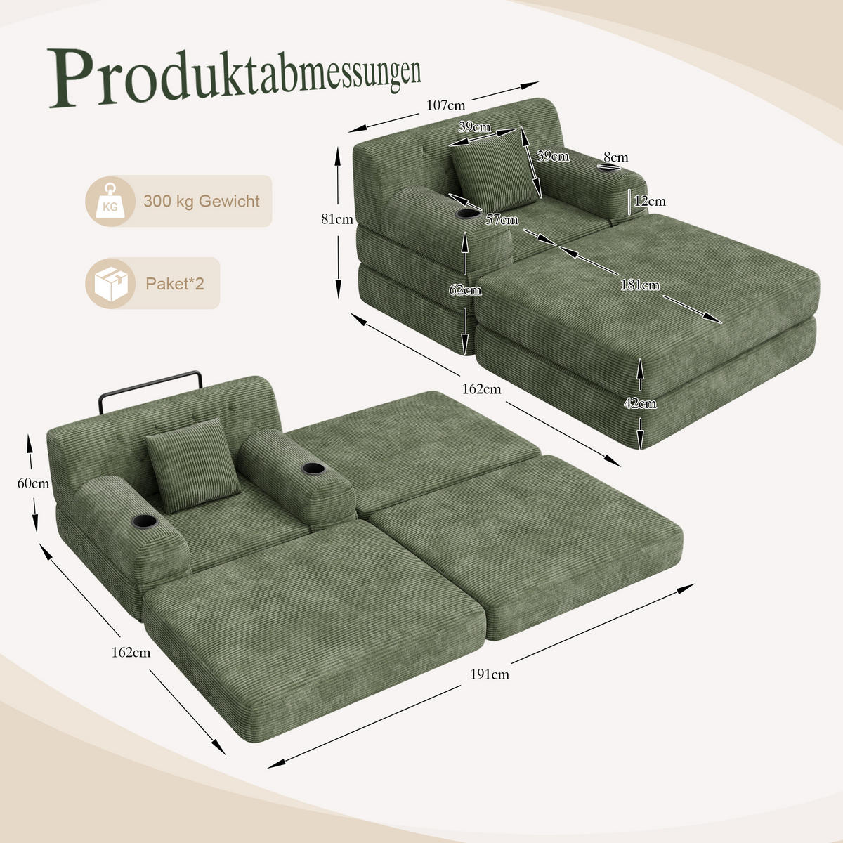 SCHLAFSOFA mit Hocker, Liegefunktion und Getränkehaltern aus Cord in Grün - Grün, Textil (191/60/162cm) - EVRYAE