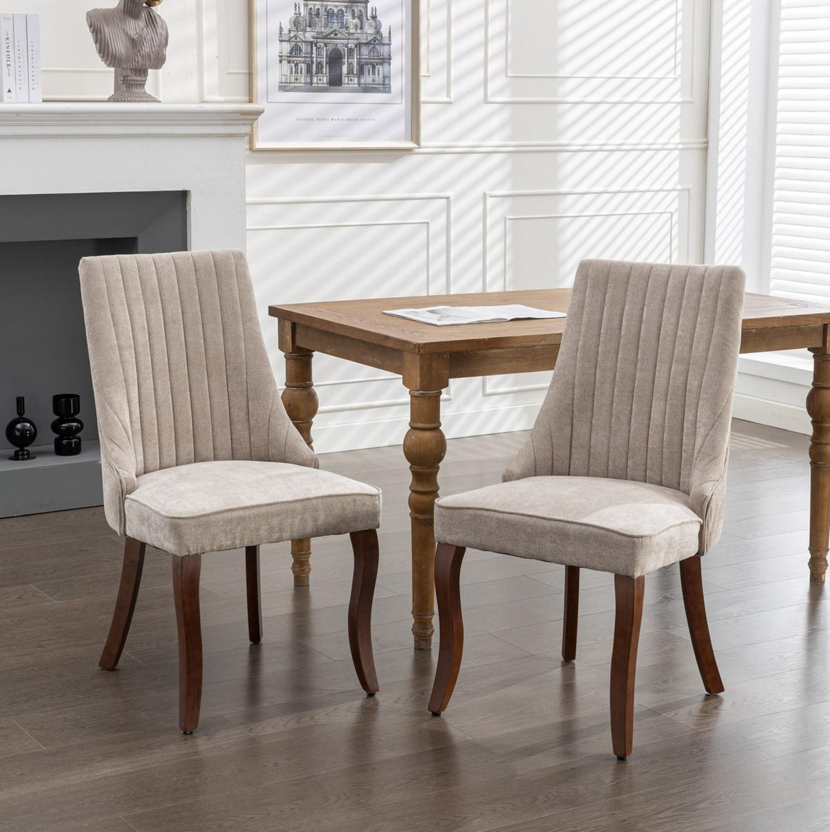 ESSZIMMERSTUHL 2er-Set mit hoher Rückenlehne Chenille Beige - Beige, Holz (50/95.5/64cm) - Meubliv