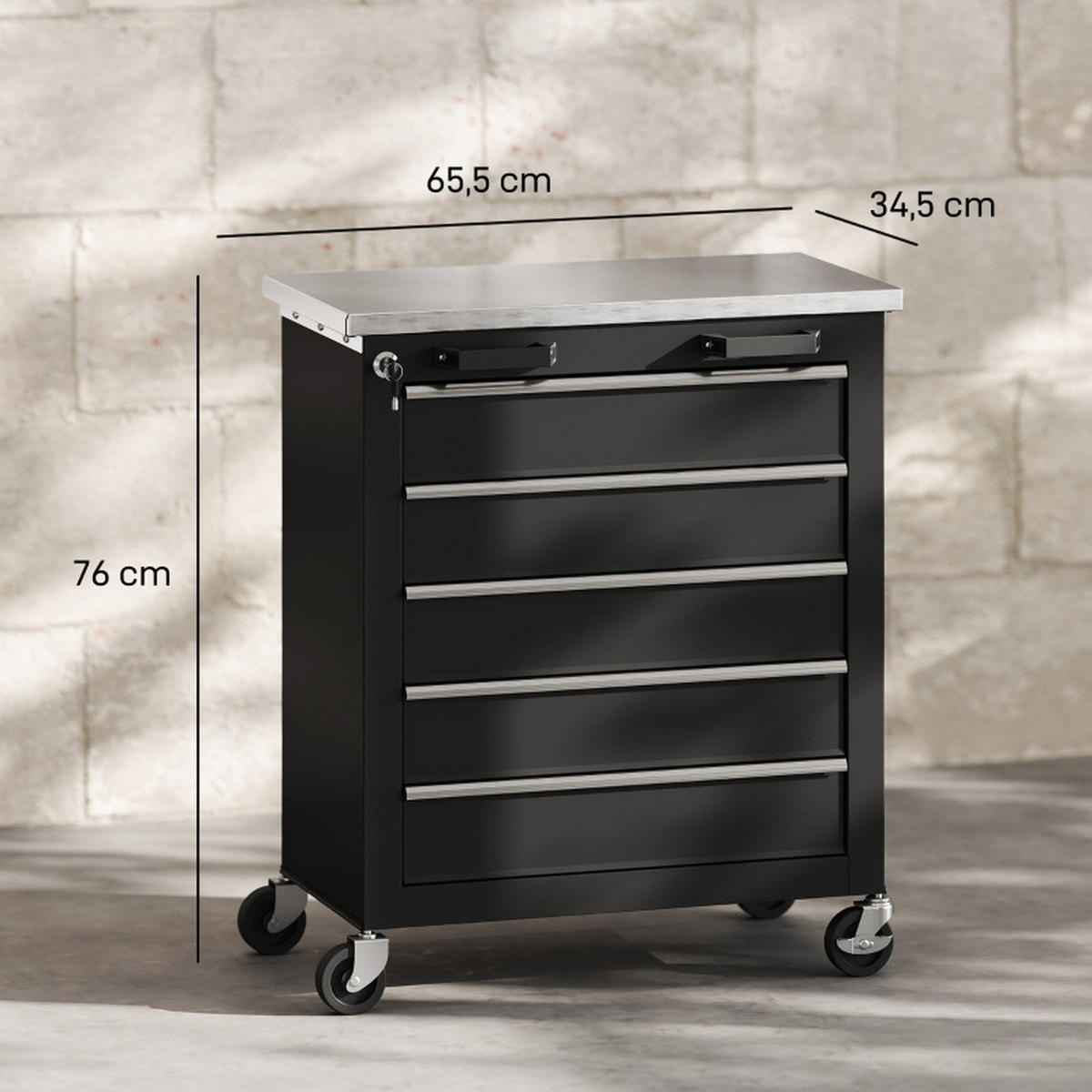 WERKZEUGWAGEN mit 5 Schubladen, rollbar, Zentralschloss, Silber-Schwarz - Schwarz, Metall (34.5/76/65.5cm) - Novahome