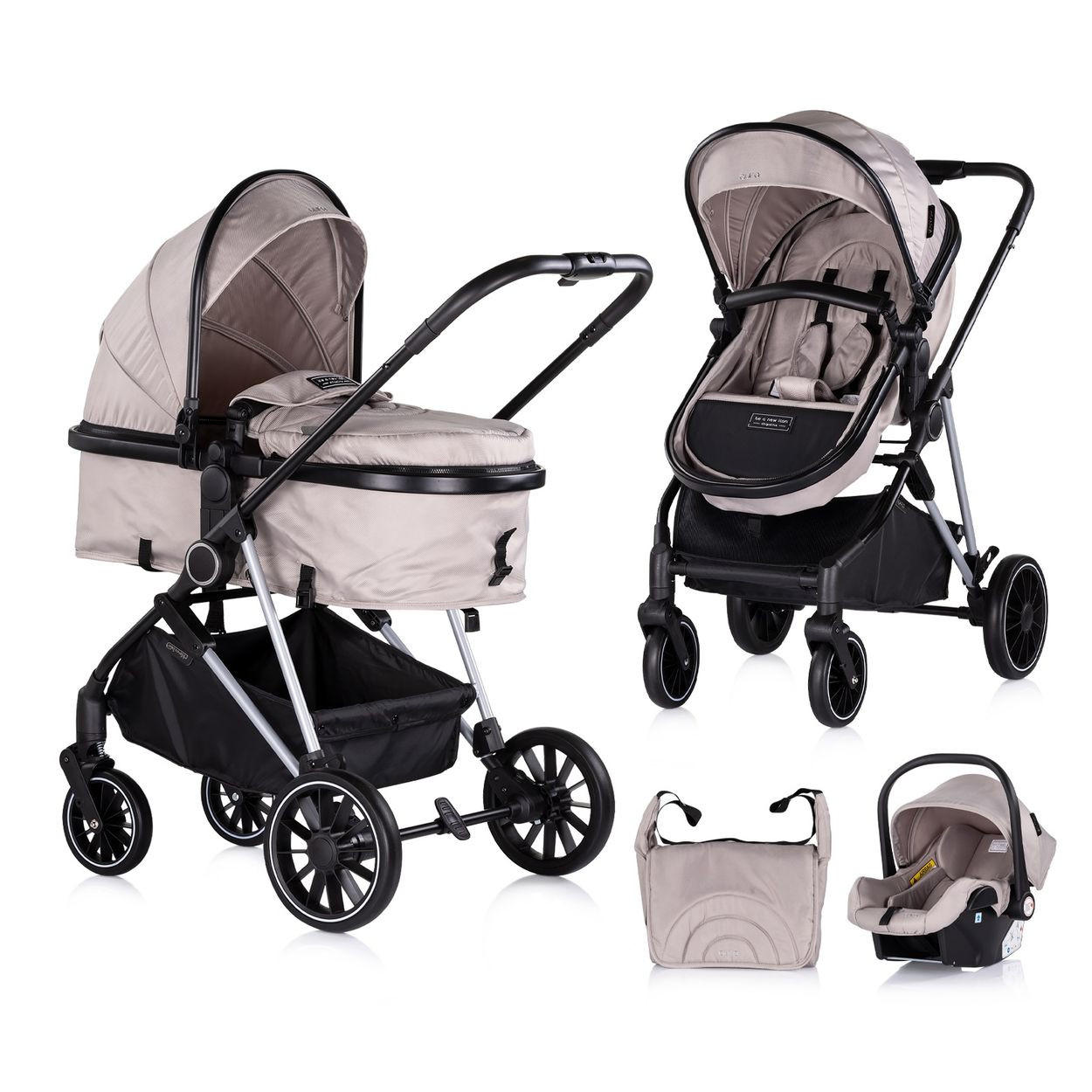 KOMBIKINDERWAGEN Aura 3 in 1 hellbraun Autositz, Babywanne, Wickeltasche, bis 22 kg - Braun, Metall (98/60/106cm) - Chipolino