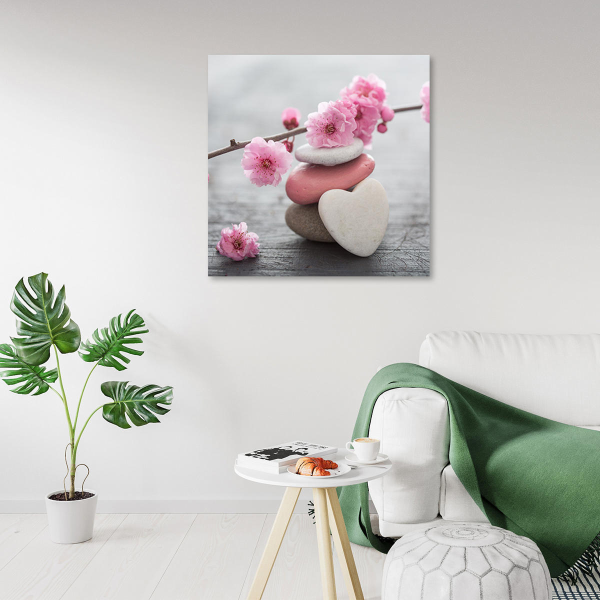 LEINWANDBILD Zen Blume Kirsch Herzstein - Pink, Textil (30/30cm) - Feeby