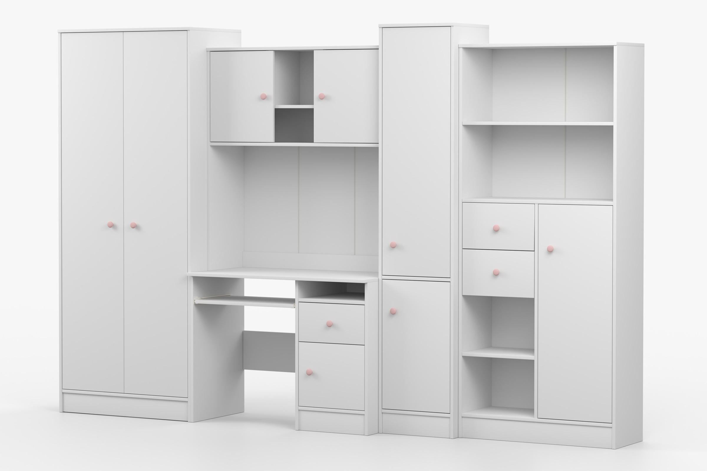 KINDERZIMMER OSCAR Korpus Weiß | Griffe Rosa - Rosa/Weiß, Holzwerkstoff (300/196/52cm) - Deine Möbel 24