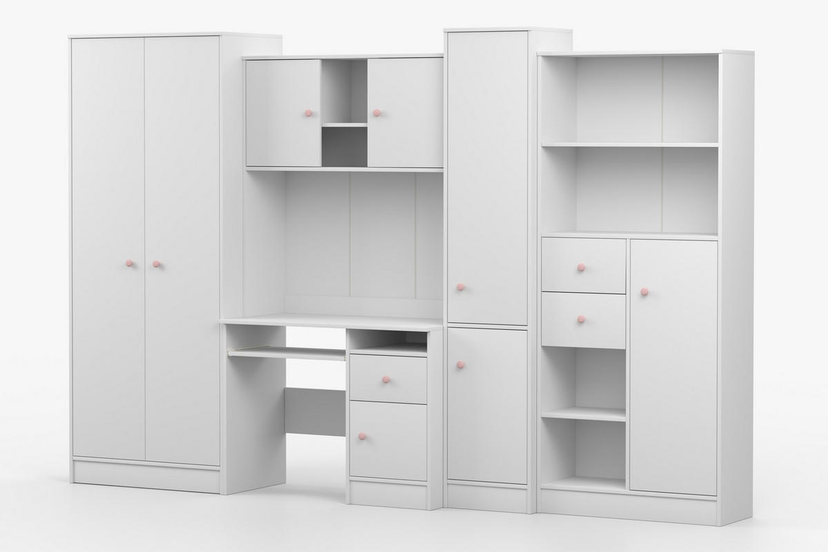 KINDERZIMMER OSCAR Korpus Weiß | Griffe Rosa - Rosa/Weiß, Holzwerkstoff (300/196/52cm) - Deine Möbel 24