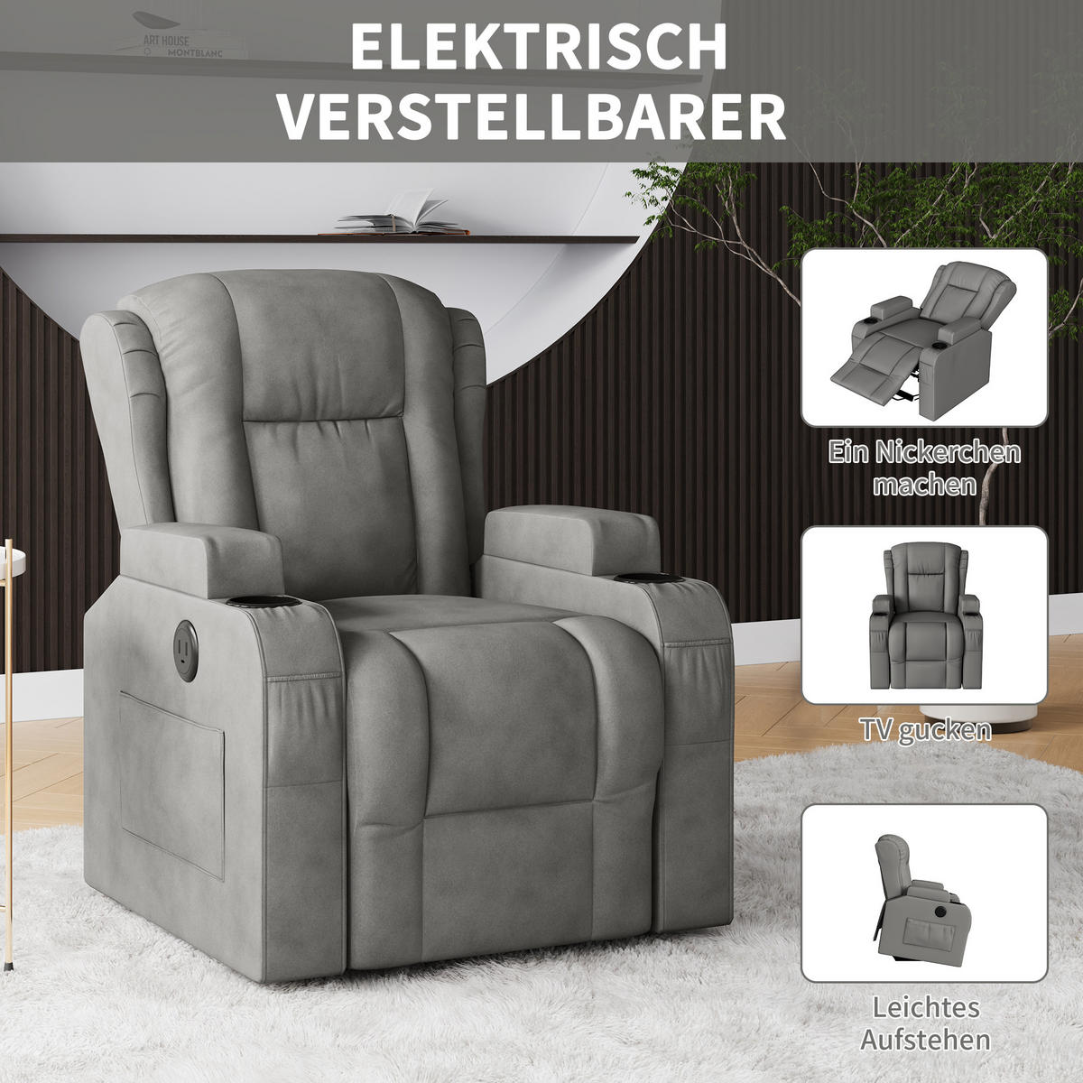 ELEKTRICKÉ masážne kreslo s funkciou vyhrievania, USB, sivé - sivá, drevo (93/105/102cm)