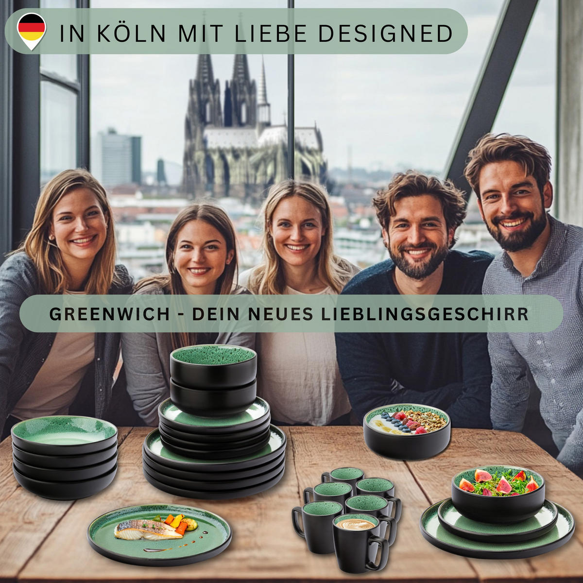 TAFELSERVICE GREENWICH - 36 teilig aus Steingut 12 Personen - Grün, Stein (50/30/80cm) - Sänger